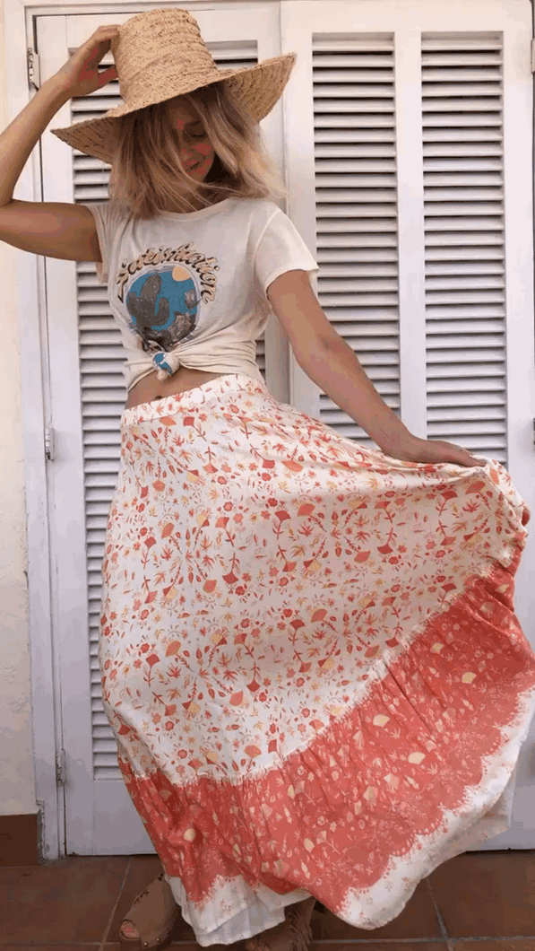 Bardot Maxi Skirt in Cream + Orange